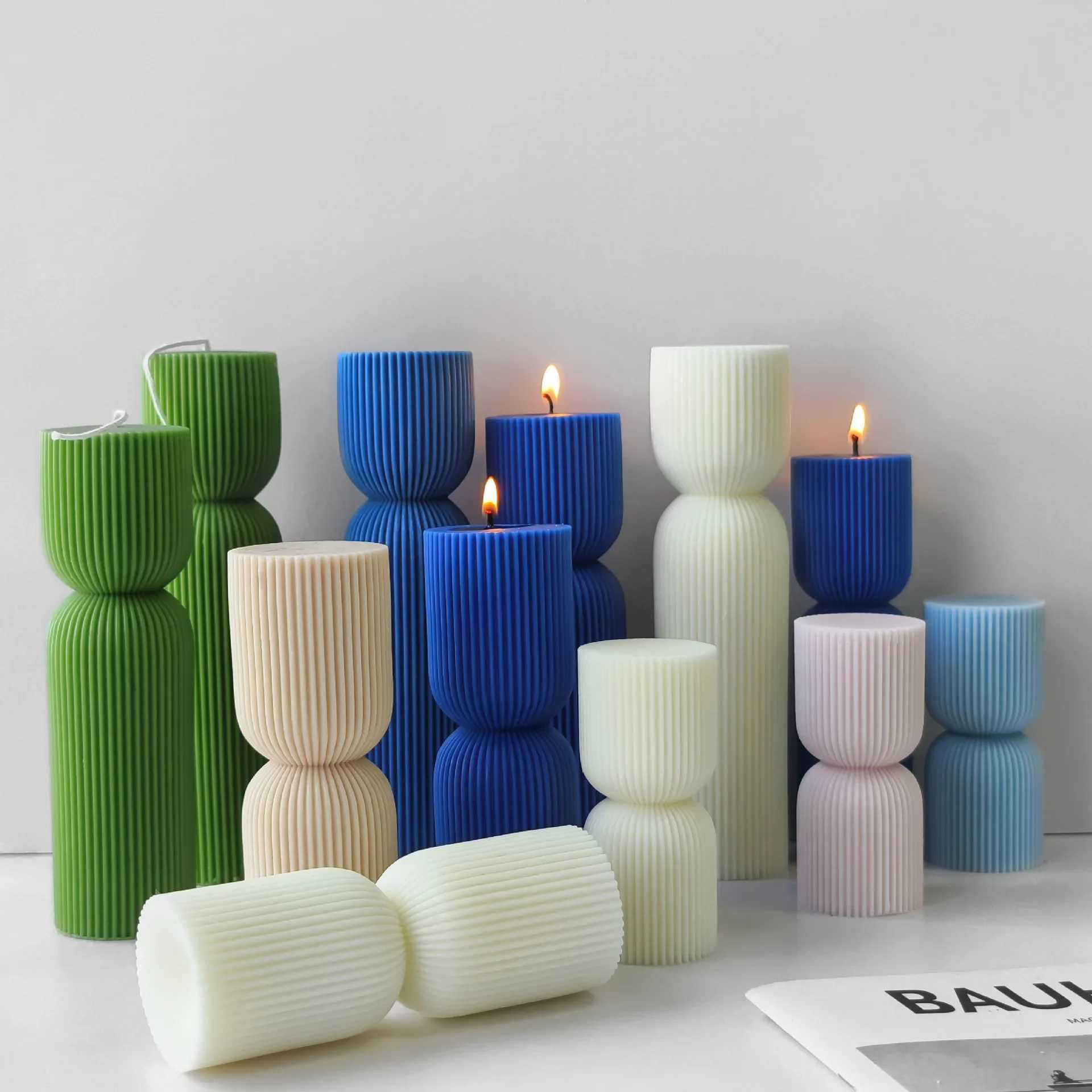 Striped Pillar Scented Candle Silicone Mold DIY Cylinder Plaster Resin Ornaments Mould Church Candle Making Supplies W250704
