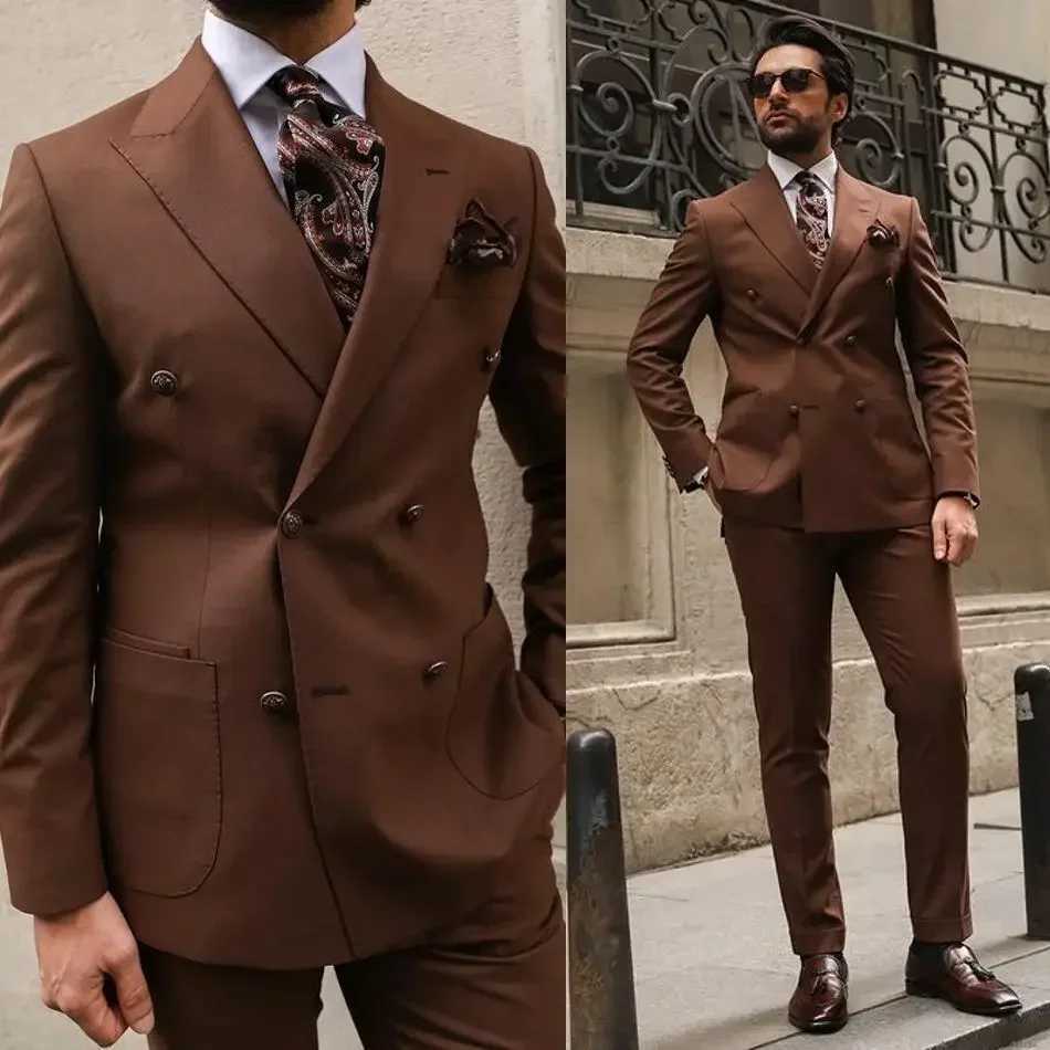 Formal Men Suits Double Breasted Brown Peaked Lapel Men Slim Fit Casual Jacket Pants Two Piece Luxury Wedding Suits X250704