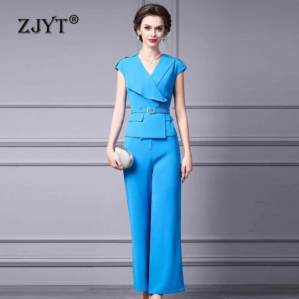 ZJYT Runway 2025 Fashion Summer V Neck Top Pant Sets Two Pieces Womens Outfit Elegant Conjuntos Femininos Trousers Suit Blue X250704