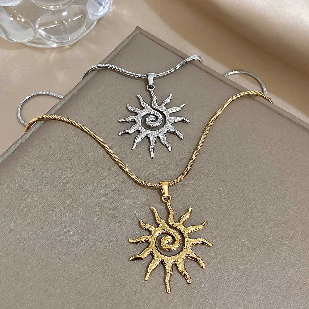 Flashbuy Vintage Chic Sun Shaped Pendant Stainless Steel Necklace Statement Golden Fashion Jewlery Gift 250701
