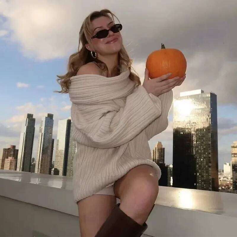 Winter Coffee Rib Knitting Ruched Slash Shoulder Pullover Sweater Women Full Sleeve Loose Thick Knitwear Oversized Jumper Beige 250704