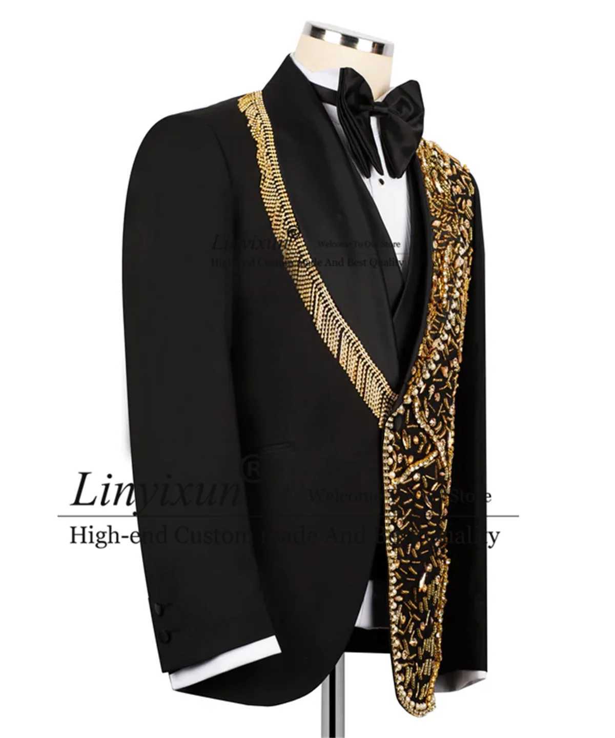 Gold Stone Embroidery Tuxedo Men Suits 3 Piece Sets Luxury Bead Groom Male Party Blazers Customized Slim Fit Wedding Mens Clothing X250704