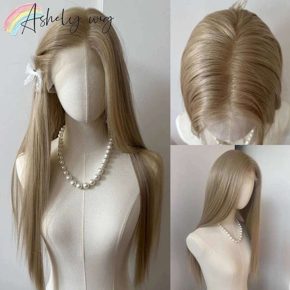 Ashely Platinum Blonde 26inch 13x4 Front Wig Long Straight Synthetic Lace Wigs High temperature Fibers for Cosplay
