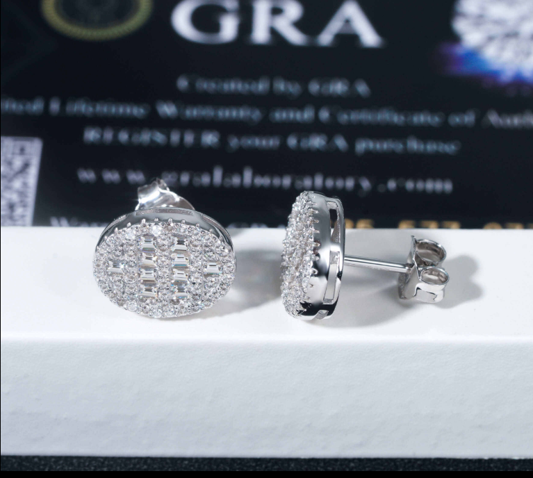 Pass Diamond Tester GRA Certified VVS Diamond 925 Sterling Silver Oval Baguette Moissanite Stud Earrings Men Earring