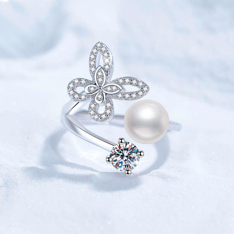 S925 Pure S925ilver MoiS925S925anite for Women Natural FreS925hwater Pearl Butterfly High-end Luxury AdjuS925table Ring 11e