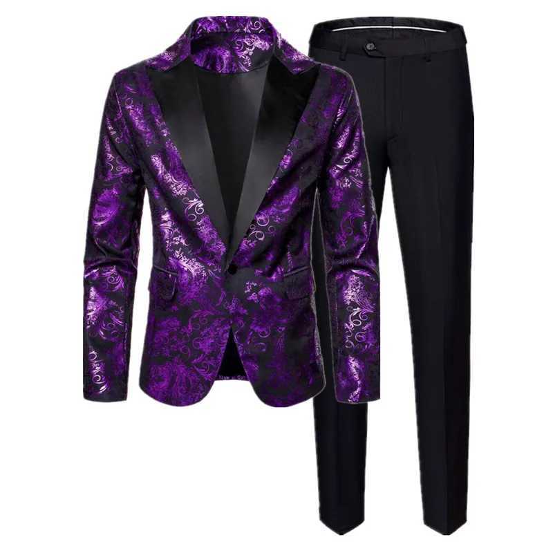 Fashion Mens Luxury Hot Stamping Suit 2 Piece Fashion Male Wedding Prom Party Bar KTV Stage Performance Flower Blazer and Pants X250704