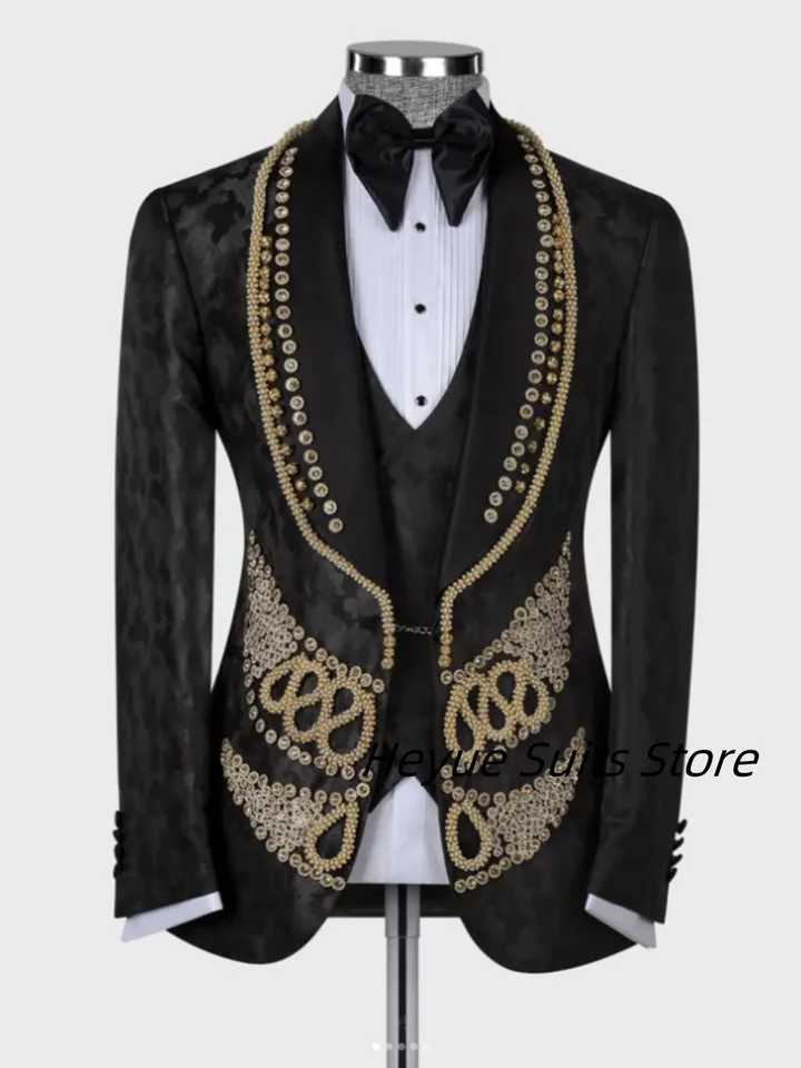 Classic Jacquard Beads Diamond Men Suits Slim Fit Shawl Lapel Customized Groom Tuxedos Party Men Blazers Fashion Mens Clothing X250704
