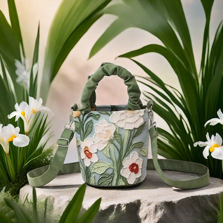 Free Shipping Designer High-end Ten Font Pleated Hand-held Bucket Bag For Women, Korean Version Illustration Art For Women, Watercolor Creativity
