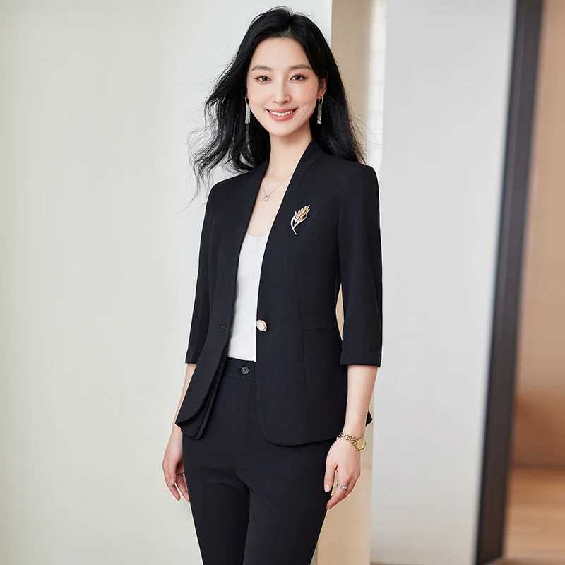 NAVIU Half Slve Elegant Women Business Suits Spring Summer Formal Uniform Design Pants Suits Professional Blazer Trousers Sets X250704
