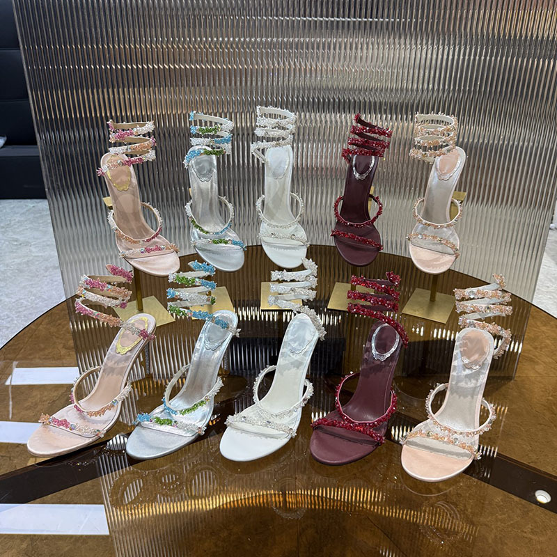 Women's Designer Ankles Snake Shaped Elastic Band Sandalial Bling Bling Rhinestone Decor High Heels Sandals Summer Party Dress Shoes