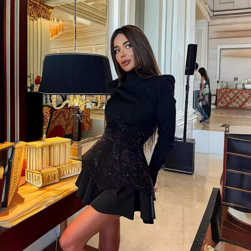 White Skirt Maxi Skirt New Elegant Stand Collar Long Sleeve Fashion Sequin Color Block Slim Fit Patchwork Short Dress Long Skirt
