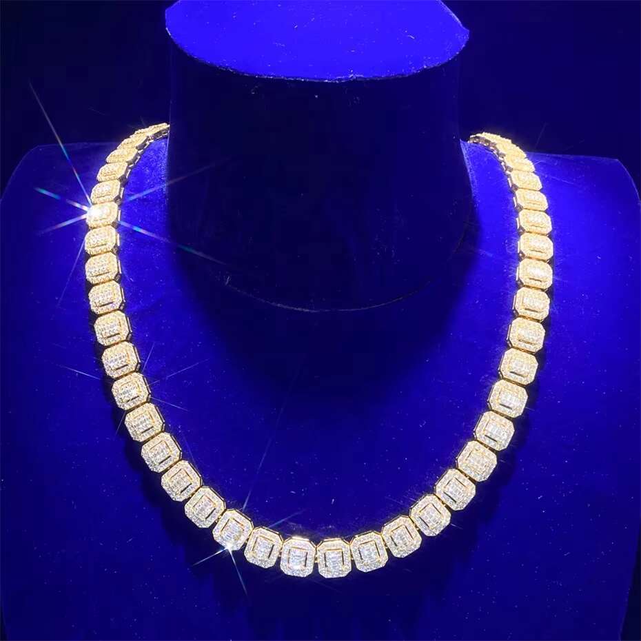 925 Sterling Silver Cz Baguette Paved Hip Hop Cluster Link Square Tennis Chain Necklace for Men