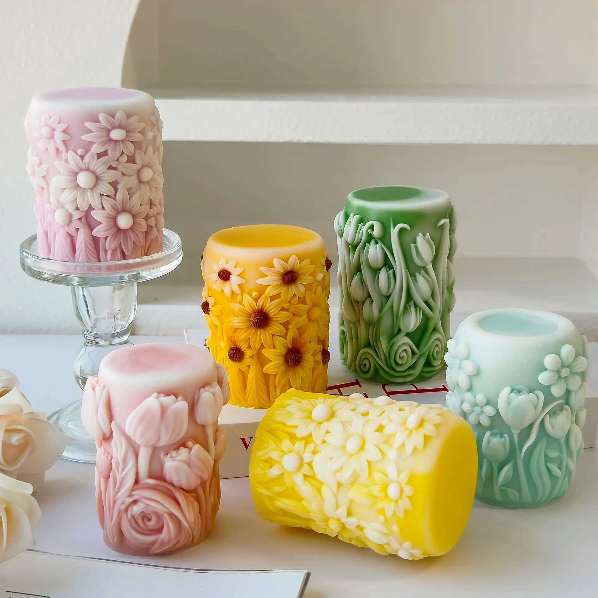 Handmade Aroma candle PlasterOmament Flowers Pillar Molds HomeDecoration 3D cylinder Maple BloomingTulip Silicone Mold W250704