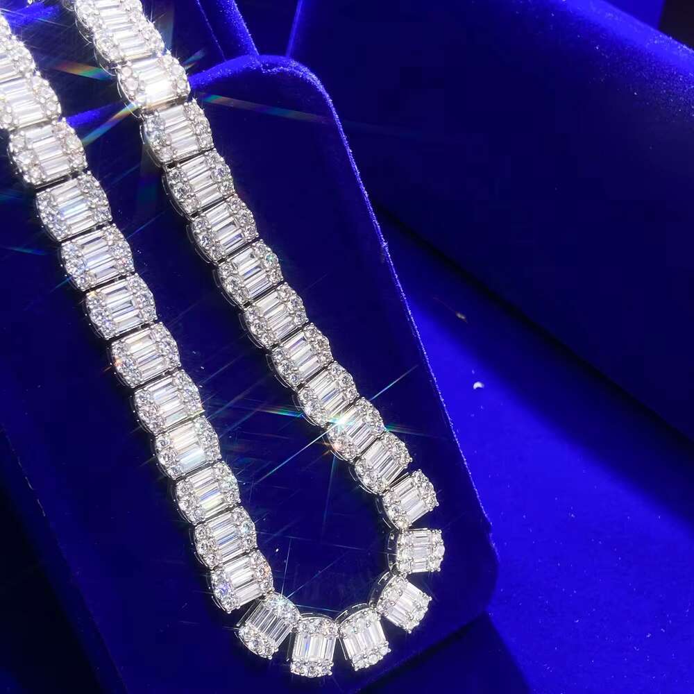 10MM New 14K Gold Plated Iced Out Cz Rectangle Moissanite Link Round Baguette Diamond Hip Hop Tennis Necklace