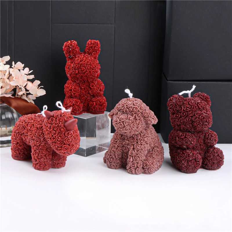 3D Cute Rose Bear Aromatherapy Candle Flowers Animal Bear Dog Rabbit Childrens Gift Decor Mold for Wedding Valentines Day Decoration W250704