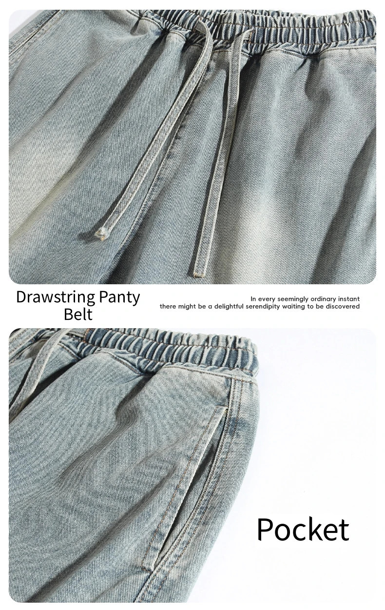Korean Mens Hem Triangle Split n Denim Shorts Summer Beauty Embroidery Loose Five Pants 250704
