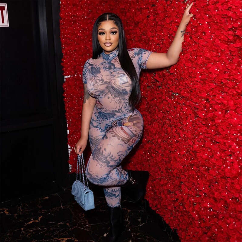 European and American Style Summer Women's Sexy Backless Printed Sheer Mesh Jumpsuit 2025 New Casual Fashion Trendy Clothing