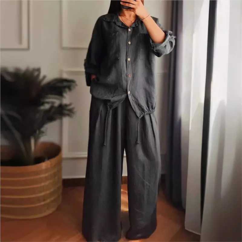 Womens Spring Casual Loose Cotton Linen Solid Shirt Wide Leg Pants 2-piece Set White Button Top Trousers Two Pieces Suits Women X250704