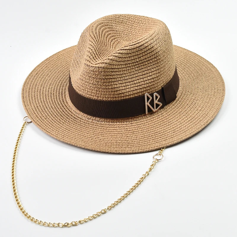 Fashionable Metal RB Letter Straw Hats for Women Men Summer Outdoor Holidays Beach Sun Hat Panama Hat 250703