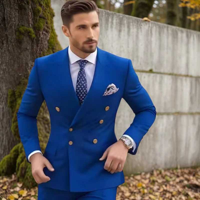 Classic Blue Men Suits 2025 Customize Double Breasted Peak Lapel Regular Length 2 Piece Jacket Pants Outfits Male Clothing X250704