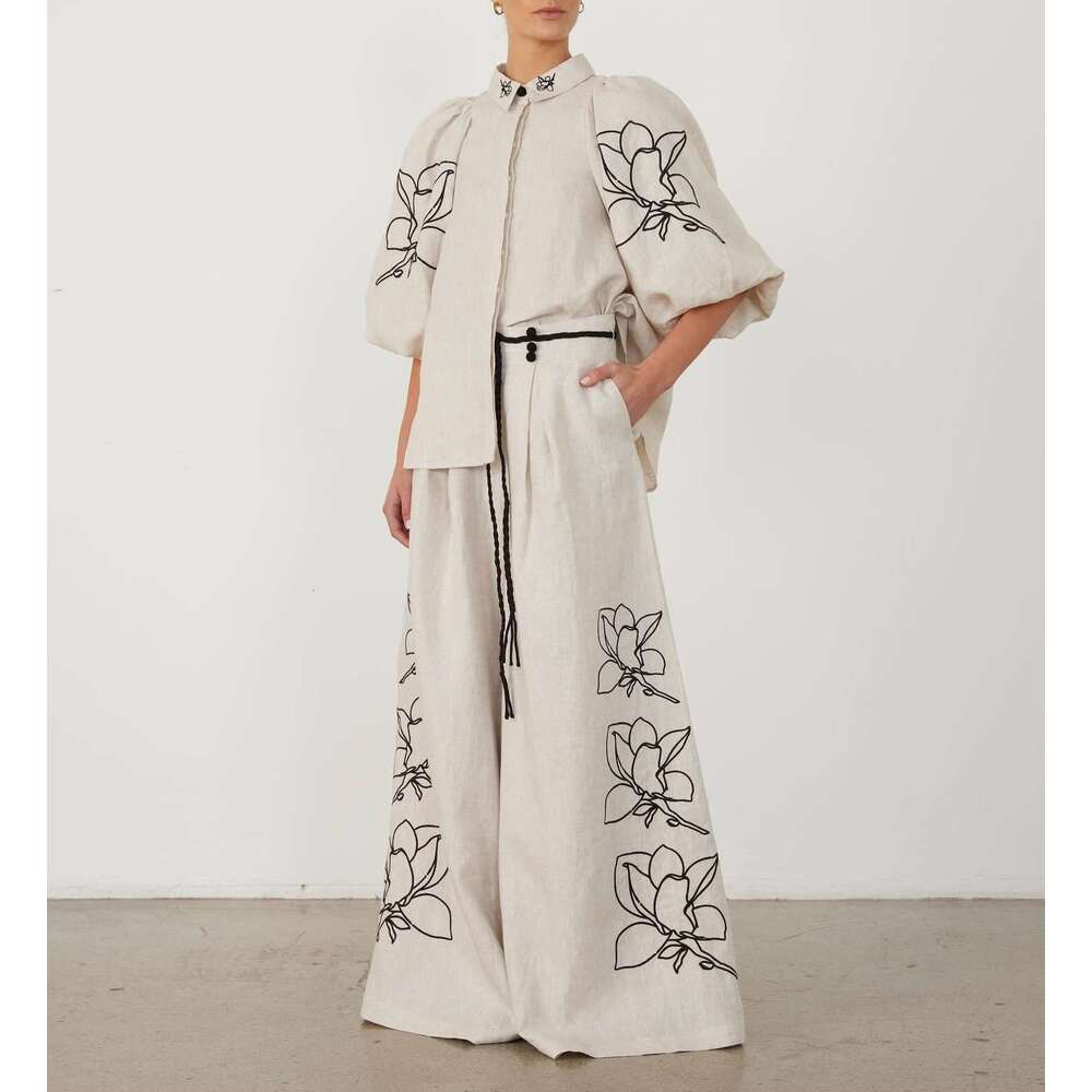Fashion cotton linen printed wide leg pants set for Europe America spring summer 2025, with versatile temperament and trendy clothing in ins