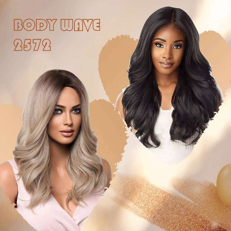 Body Wave Layered With Bangs Women 18 Inch Ombre Brown Synthetic Front Wigs For Daily Use T- Part Lace Wig