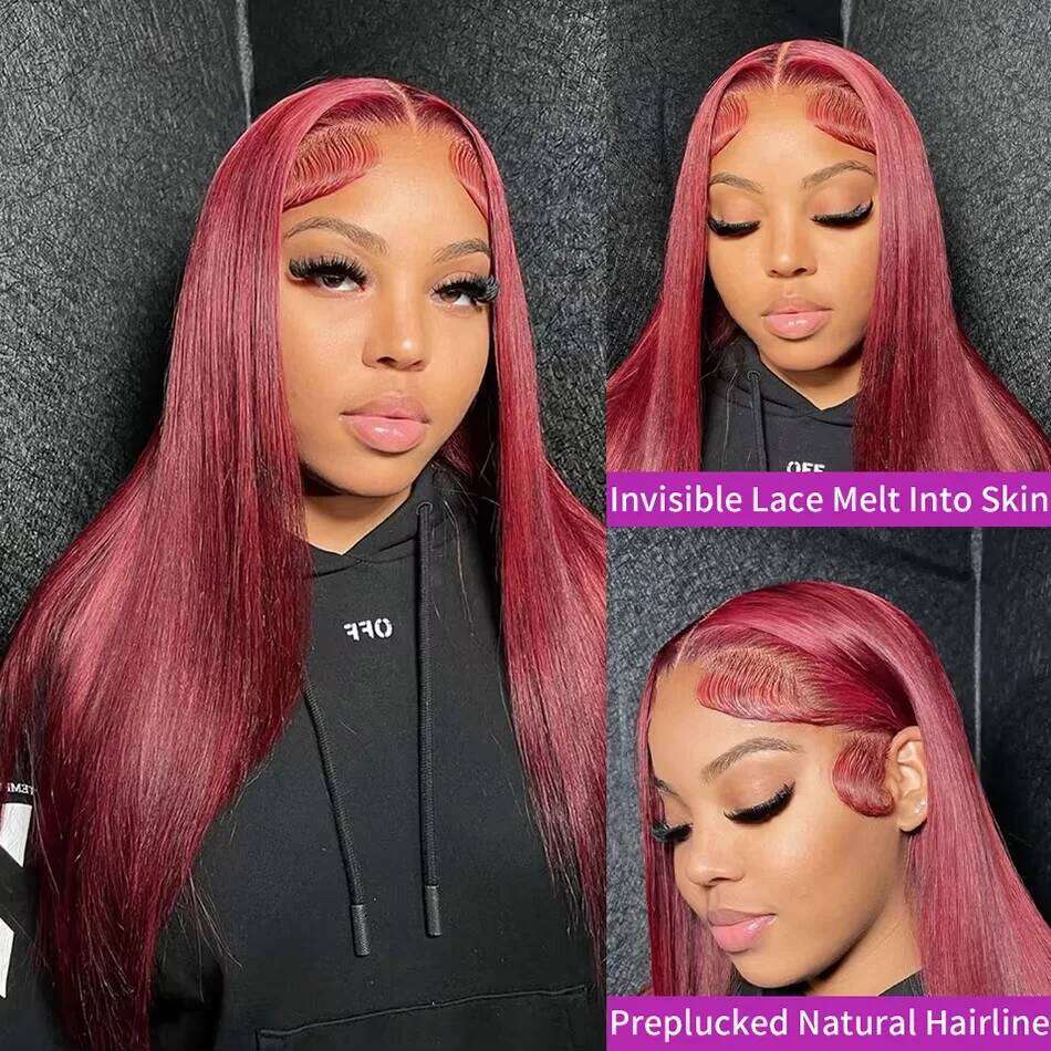 13x6 Red HD Wig Pre-Plucked Glueless Long Straight 99j Bury Synthetic Lace Front Wigs For Black Women