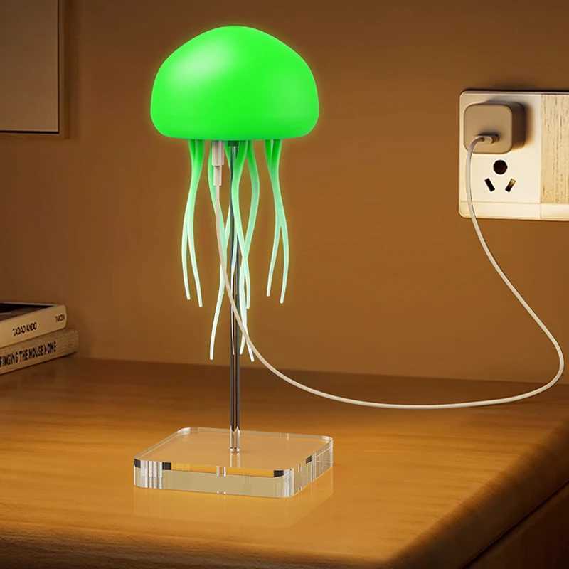 Jellyfish Cartoon LED Night Light Voice Control Gradient Cute Rotating Jellyfish Hanging Bedside Lamp RGB Table Lamps Room DecorXJ250703