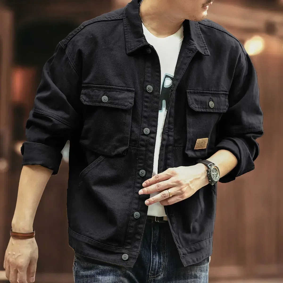 Cowboy Coat for Men Button Autumn Loose In Denim Jackets Man Size L Japanese Retro Fashion Cowgirl Elatic Low Cost Clothing 250704