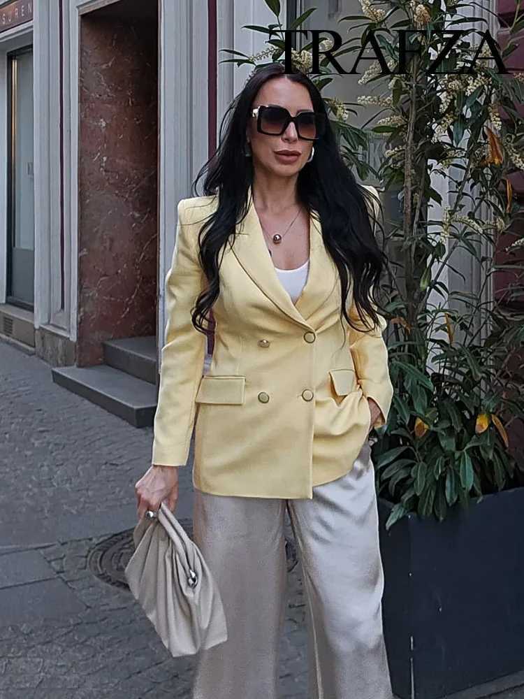 TRAFZA Women New Fashion Blazer Suit Lapel Double-Breasted Pocket Casual Coat+Chic High Waist Loose Zipper Slim Long Pants Suit X250704