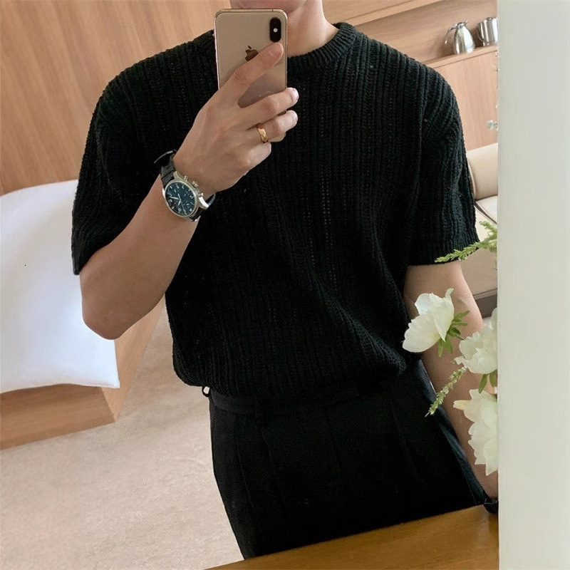 Knitted Short Sleeve T-shirt For Men, Summer Thin Korean Style Trendy Brand Designer Short Sleeves Casual Clothing, Popular Design Sense, Elegant Half