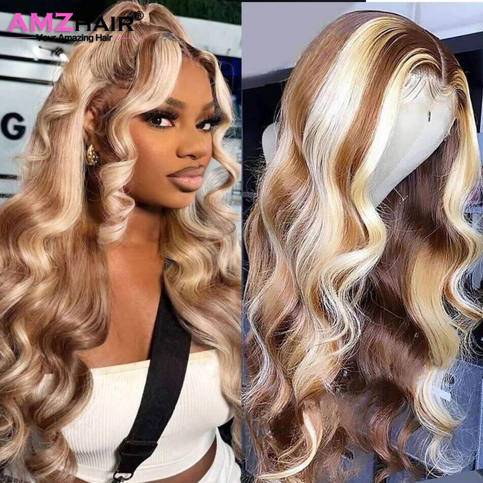 4/613 Highlight Body Wave Front Blonde Colored Human Hair Wigs For Women Pre Plucked 13x4 Lace Frontal Wig