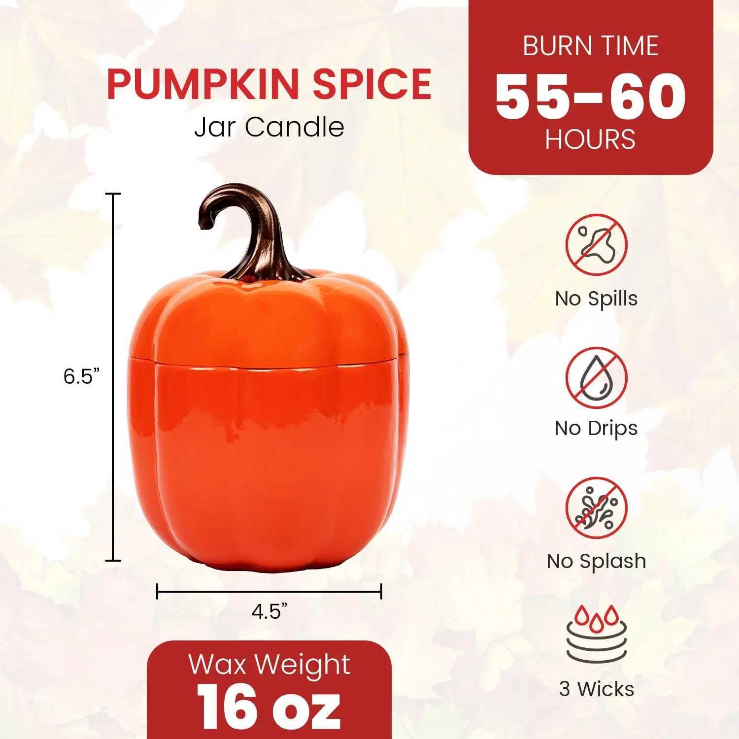 Pumpkin Spice Candle - 55 Hours Burn - 16 oz Large Soy Candle with 3-Wicks - Fall Scented in The Shape of a Pumpkin W250704