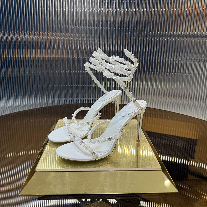 Women's Designer Ankles Snake Shaped Elastic Band Sandalial Bling Bling Rhinestone Decor High Heels Sandals Summer Party Dress Shoes