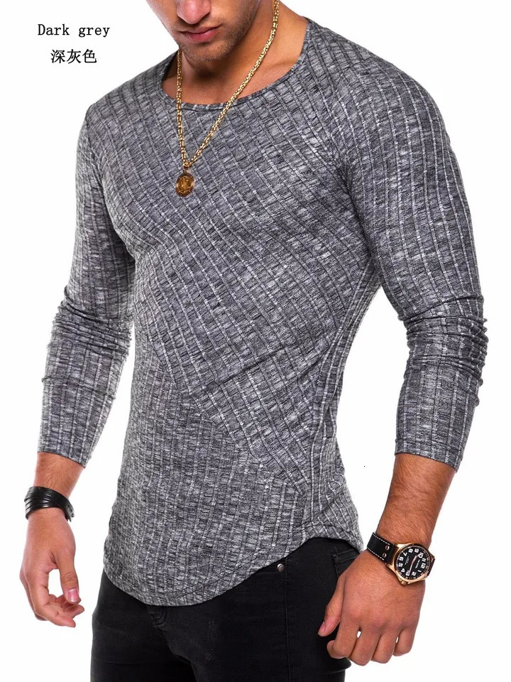 Mens Knitted Thin Base Sweater with Curved Hem Round Neck Tight Fit Elastic Long Sleeved T-shirt Thin Sweater 250704