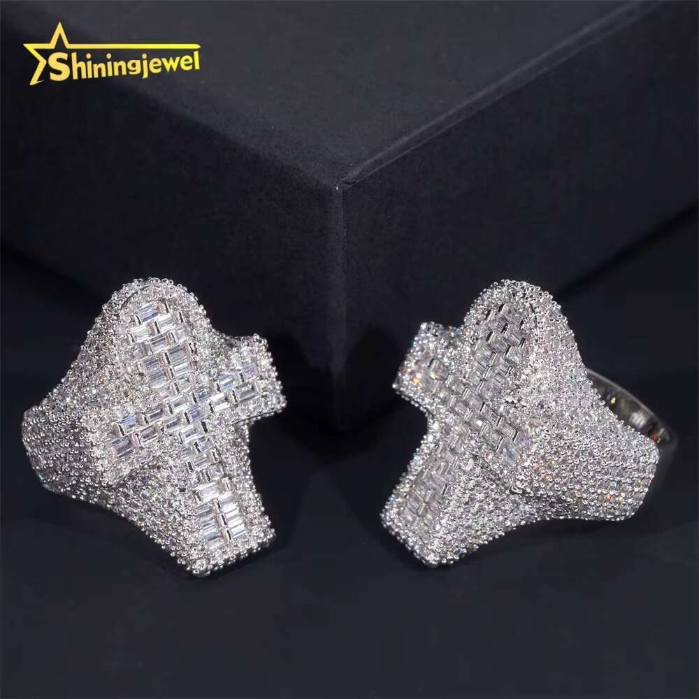 Fine Iced Out Baguette Hip Hop Jewelry Ring Custom 925 silver Moissanite Diamond Rhodium Plated Unisex Cross Ring for Men