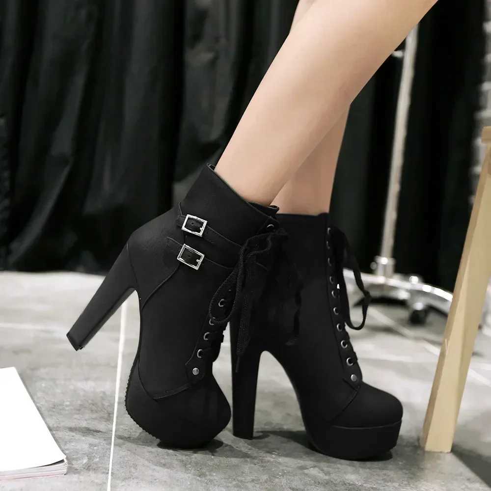 New Womens Pumps Shoes Womens Thick Sole Boots Lace Up Ladies Ankle Boots Comfortable Stiletto Heels Botas Altas Mujer Z250704