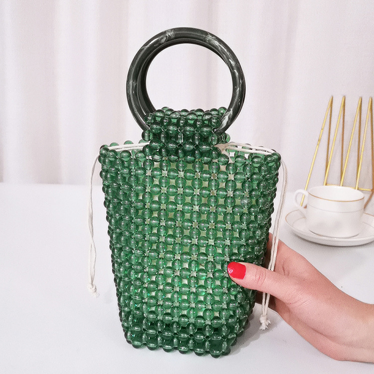Free Shipping Designer's New Handmade Bead Crystal Jade Transparent Handbag Acrylic Hollow Bucket Beach Women's Handbag