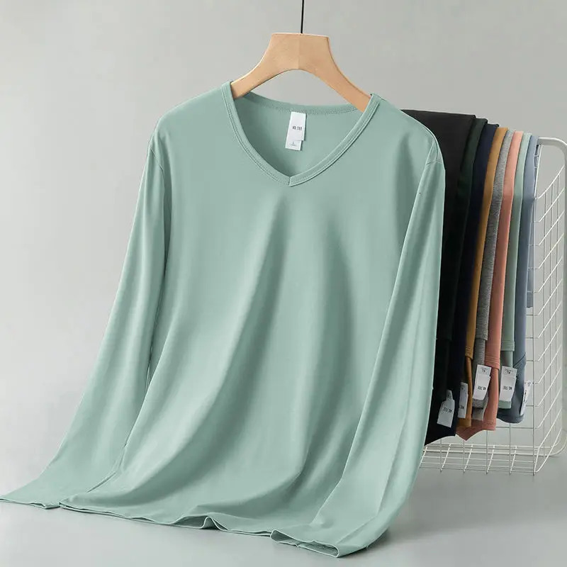 Arrival Mens Casual V-Neck T-Shirts Spring Autumn Long-Sleeve Modal Cotton Solid Color Undershirts Thin Autumn Clothes 250704