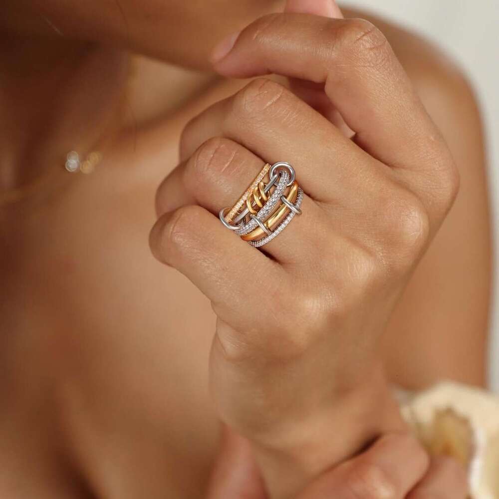 Designer Hot New Product Stacked Cubic Zirconia Copper Thick High Gloss Gold Silver Double Ring