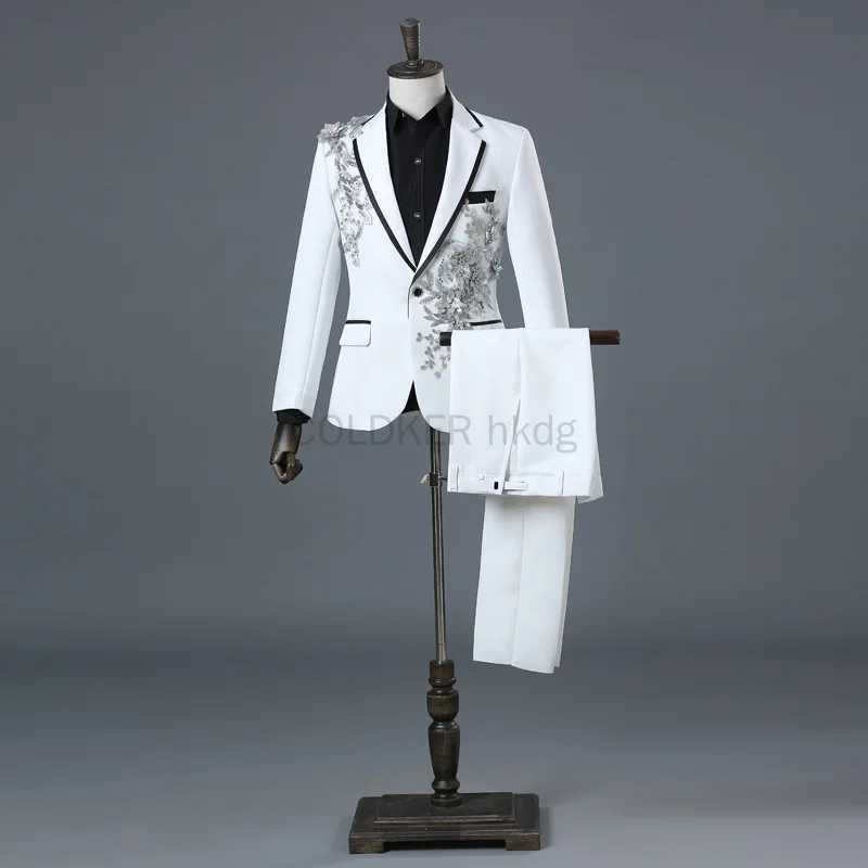 COLDKER Elegant Appliqued Mens Suits Slim Fit 2 Piece Formal Tuxedo Suits Blazer Pants with Bow Tie for Wedding Prom X250704