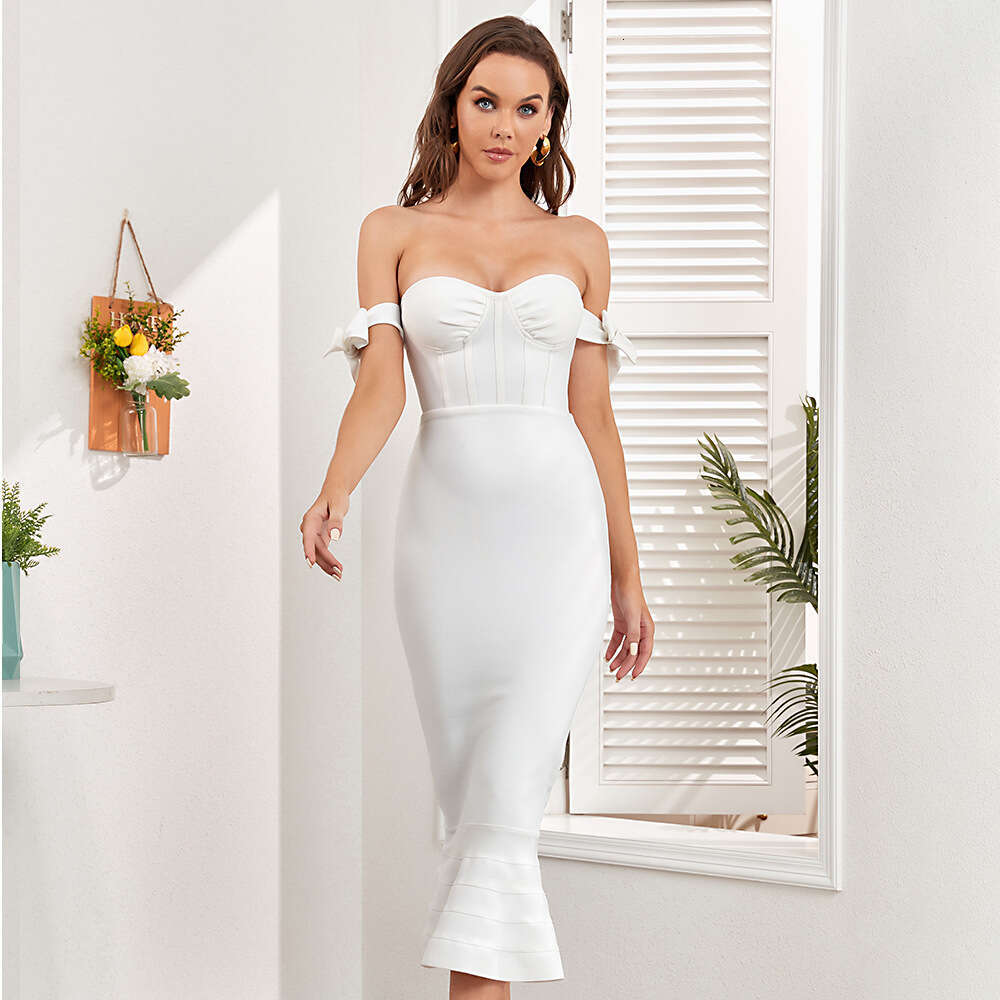 White Skirt Maxi Skirt Off Shoulder Strapless Sexy Bandage Mermaid Dress Tight Fitting Tie Up Evening Gown Women S Fashion Long Skirt