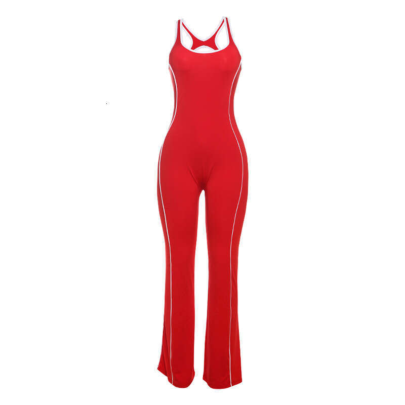 European and American Summer Fashion Backless Slim Fit Color Block Hip-lifting Yoga Casual Jumpsuit for Women 2025 New Elegant Unique Clothing