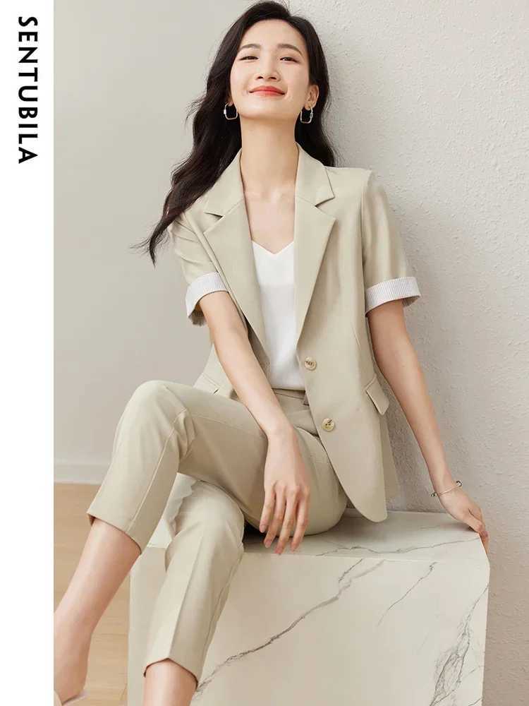 SENTUBILA Summer Blazer Pants Suit Women 2025 Short Slve Suit Jacket Pencil Cropped Pant Office Lady Two-Piece Set 132Z49796 X250704