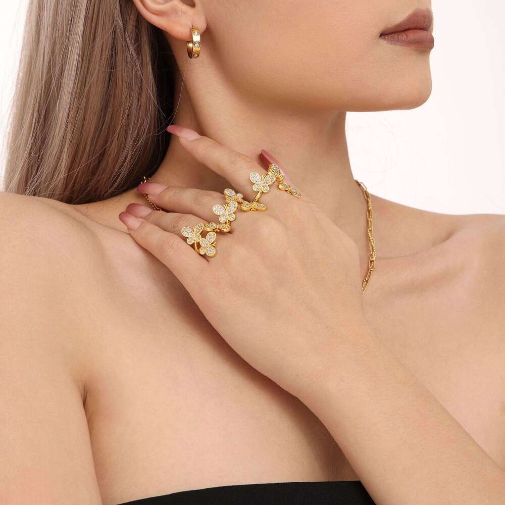 DHcollections 18K Gold Plated Butterfly Ring - Open Adjustable CZ Flower Ring for Women | Dainty Bohemian Stackable Jewelry (Size 7)