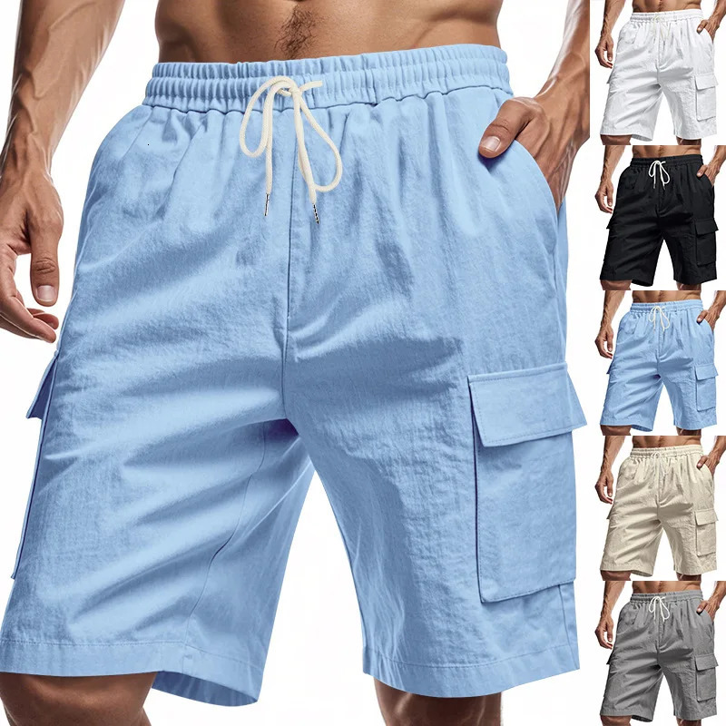 5 Color Option S-3XL Men Loose Wide Leg Shorts Summer High Elastic Drawstring Pocket Solid Color Cotton Linen Baggy Half Pants 250704
