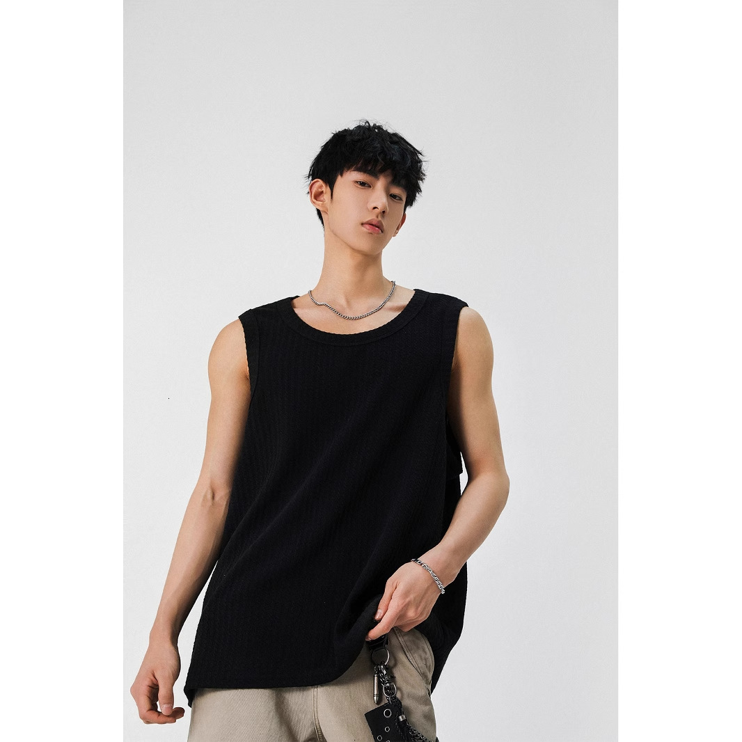 Textured White Tank Designer Short Sleeves Top For Men 2025 Summer New Simple Trendy Cross-shoulder Loose Casual Sleeveless T-shirt