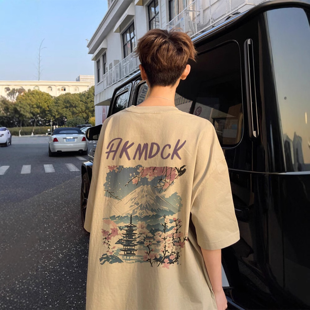 Mount Fuji Print Round Neck Short Sleeve T-Shirt for Men Designer short sleeves 2025 Summer Thin American High Street Fashion Brand Five-Sleeve Couple