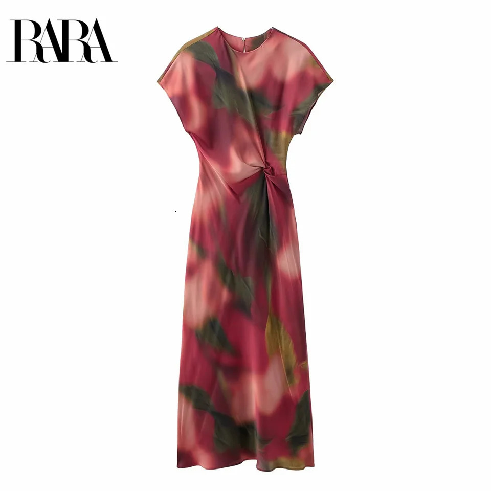 RARA Spring Womens Round Neck Waist Silk Satin Texture Printed Midi Dress Casual Loose Versatile Skirt 250704