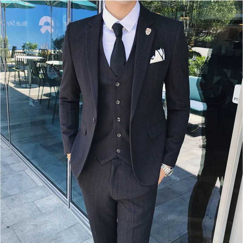 Autumn and Winter New Men Business Striped Suits Black / Blue / Gray Male Wedding Banquet Party Jacket and Pants with Vest X250704